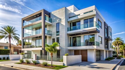 contemporary 5 story architecture in long beach california. Modern European design with clean and sharp repetivie large massings that is mainly white stuccos with stone veneer on ground level