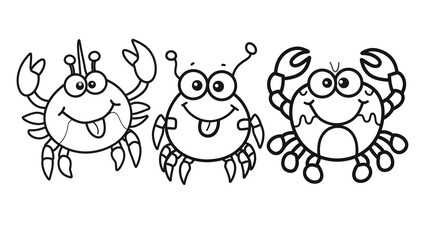 Obraz premium Three smiling cartoon crabs with playful expressions, ideal for children's coloring pages and fun educational materials.