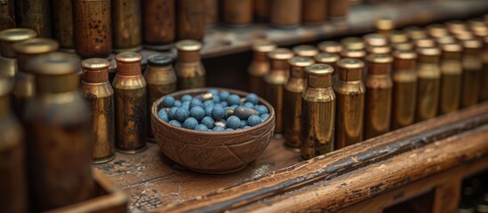 A Bowl of Blue Lead Shot  Next to Rows of Brass Cartridges