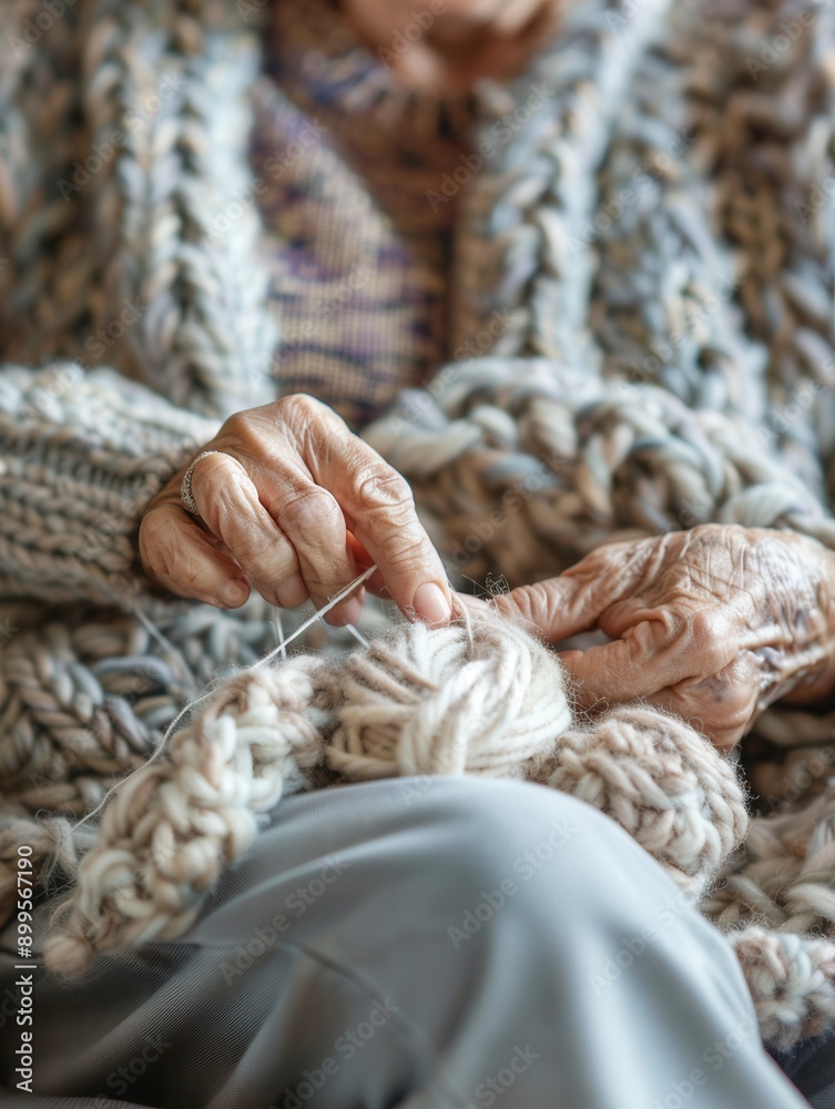 Poster elderly participants focus on knitting, sharing techniques and enjoying their time in a supportive l