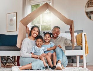Cardboard, insurance and portrait of family on floor in living room of home for cover or mortgage....