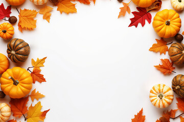 A white background with a frame for text of orange and yellow pumpkins and leaves
