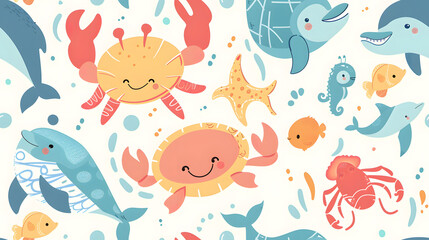 A playful pattern featuring various colorful cartoon sea creatures, including dolphins, crabs, turtles, and starfish. Ideal for children's designs, fabrics, and educational materials.