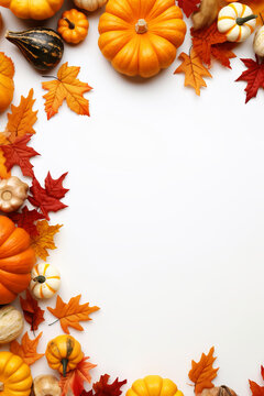 vertical Autumn white background with orange pumpkins and fall leaves