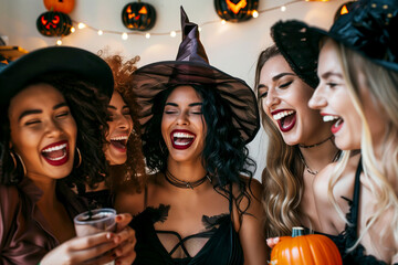 diverse group of laughing female friends dressed in witch costumes at Halloween party