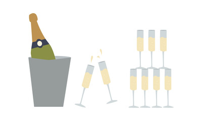 Champagne bottles and glasses cartoon icon set. Vector illustration