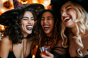 group of laughing female friends dressed in costumes at Halloween party