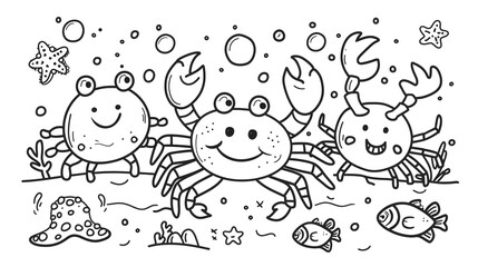 Three cheerful cartoon crabs with smiling faces surrounded by fish, starfish, and underwater plants, depicted in a black-and-white line drawing style. Perfect for children's coloring books and educati