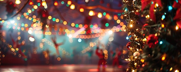 Blurred circus tent with festive lights near decorated Christmas