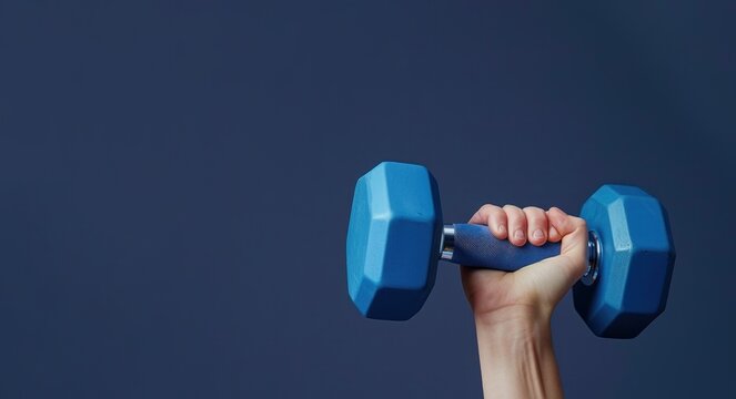 Hand holding a blue dumbbell on a navy background, focusing on fitness and exercise, weight training and health