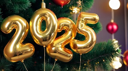 Golden balloons displaying 2025 near christmas decorations in a festive setting