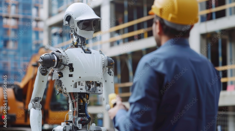 Aufkleber Engineer supervising robot on construction site. Concept of technology and robotics.