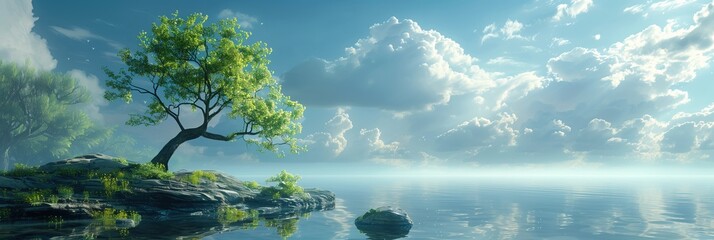 Green tree bends over rocky river bank, branches reflected in serene light blue water, white clouds float in soft blue sky, with magical glow on horizon. Banner with copy space. Ecology concept