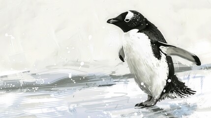 Obraz premium A detailed sketch of a curious penguin waddling along the icy shore, its black and white plumage contrasting with the white snow.