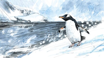 Obraz premium A detailed sketch of a curious penguin waddling along the icy shore, its black and white plumage contrasting with the white snow.
