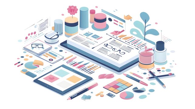 Detailed Flat of Content Strategy and SEO Planning Process with Pastel Accents