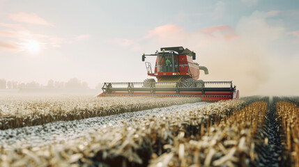 Obraz premium A powerful red combine harvester working through a golden wheat field at sunset, capturing the essence of agricultural productivity.