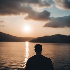 Fototapeta premium Solitary Figure Contemplating at Serene Lake Sunset