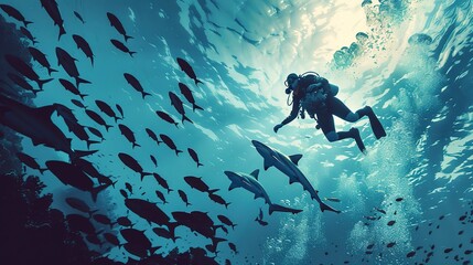 A scuba diver swimming around shark and smaller fishes