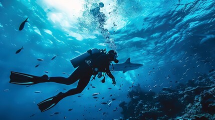 A scuba diver swimming around shark and smaller fishes