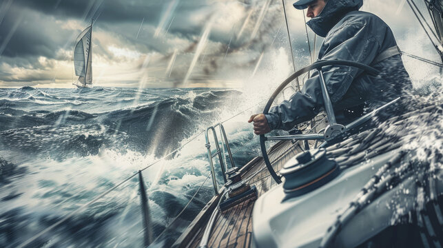 A thrilling depiction of a sailor navigating stormy seas, with waves crashing dramatically against the boat amidst intense weather conditions.