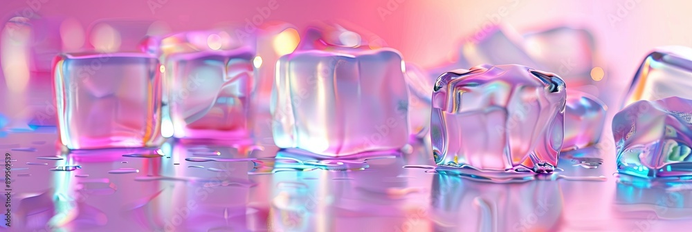 Poster colorful abstract ice cubes on a wet surface with a soft gradient background