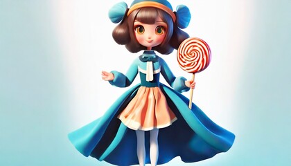 a girl in a blue dress with a lollipop