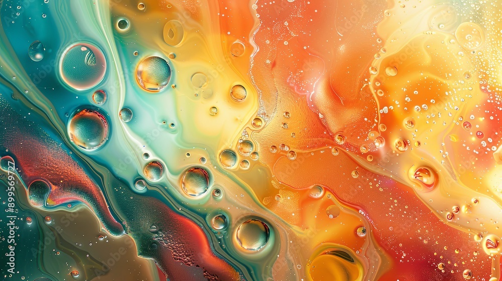 Poster Vibrant Abstract Composition of Oil and Water Creating Colorful Swirls and Bubbles in Fluid Dynamics