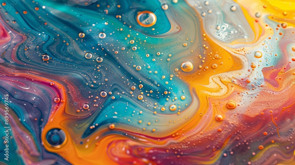 Poster vibrant abstract patterns formed by the interaction of oil and water in a fluid mixture at sunrise
