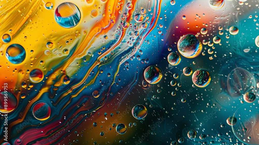 Poster Vibrant Abstract Composition of Oil and Water Mixing With Colorful Patterns and Fluid Bubbles