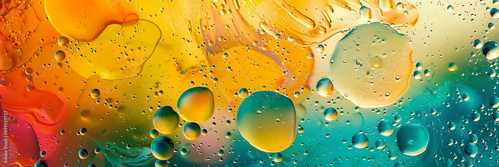 Poster dynamic interaction of oil and water creating colorful swirls and bubbles in abstract patterns