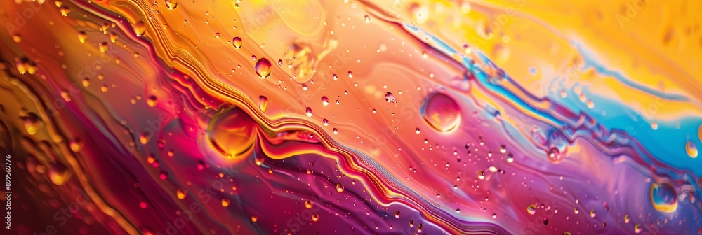 Poster colorful abstract patterns of oil and water mixing in dynamic swirls and bubbles at sunset
