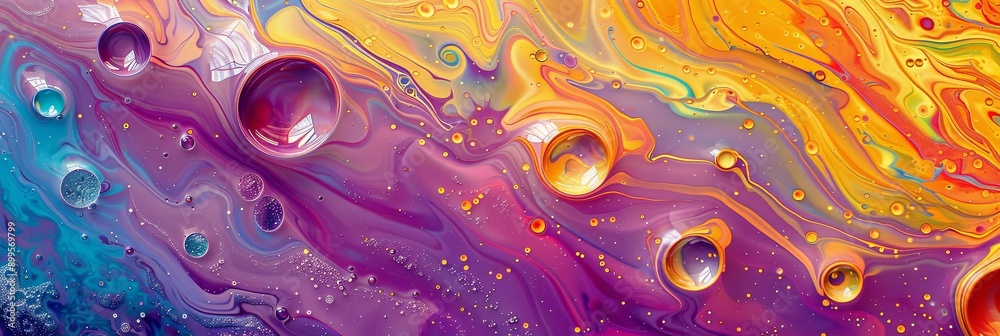 Poster vibrant swirls and bubbles of colorful oil and water mixing together in abstract patterns