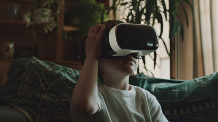A young boy wearing a virtual reality headset experiences the digital world while sitting on a couch surrounded by houseplants.