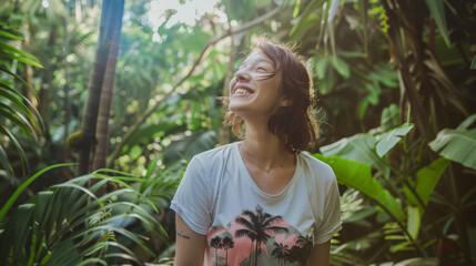 A young woman stands among lush green foliage, basking in the sunlight and radiating pure joy amid a natural setting.