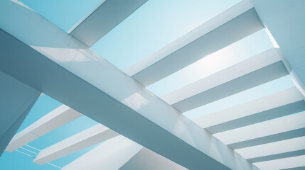 Obraz premium An architectural detail with overlapping white beams and a bright blue sky, creating a striking composition of shadows and light.