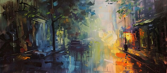 Dynamic Expressionist Depiction of Urban Street Life on a Rainy Day