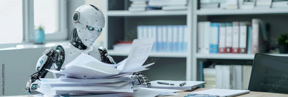 Aufkleber Robot analyzing documents at a cluttered desk in an office. AI-driven data processing and paperwork management