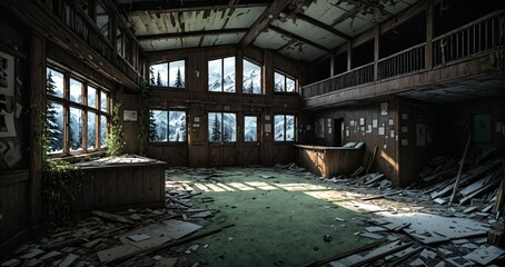 abandoned resort building interior in a mountain valley with mountains and pine trees in spring. ransacked log cabin lodge ruins.