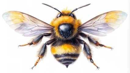 Vibrant watercolor illustration of a flying bumble bee with delicate wings and fuzzy body, isolated on a clean white background, perfect for spring designs.