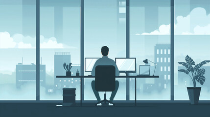 person in the office, business person working on laptop, a working man in his office with large windows on nature, flat 2d design, remote work