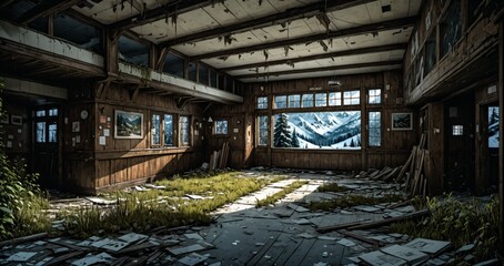 Fototapeta premium abandoned resort building interior in a mountain valley with mountains and pine trees in spring. ransacked log cabin lodge ruins.