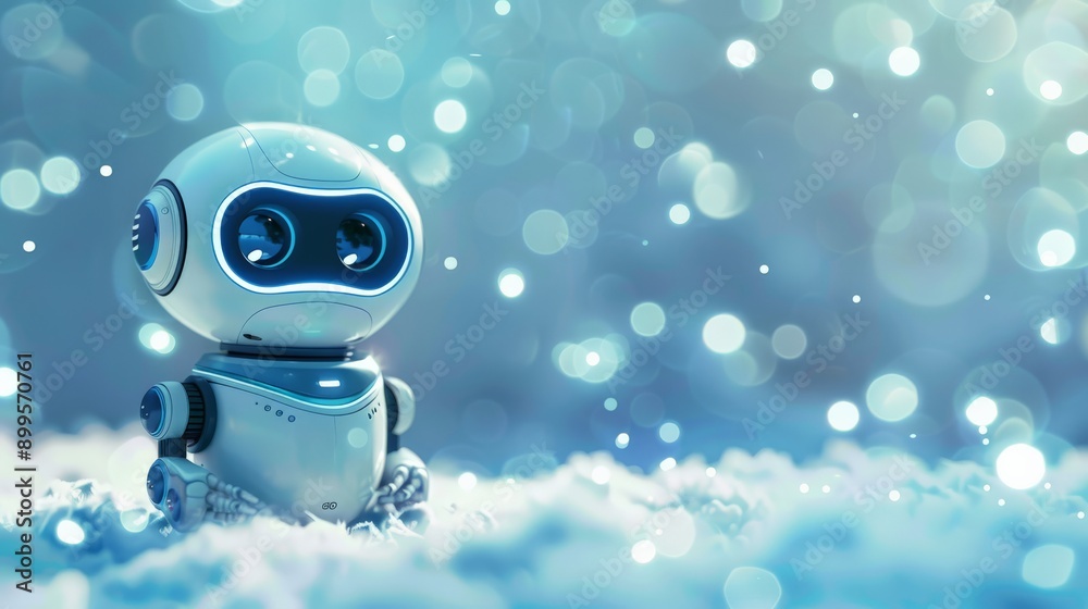 Poster Small cute robot in a wintery environment with glowing lights and a bokeh background. Represents the blend of technology and winter magic.