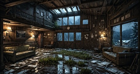 abandoned interior of cabin ski lodge resort in the forest wilderness mountains in the snow. deserted ransacked wooden log cottage in arctic tundra.
