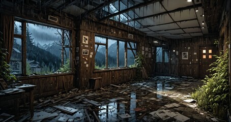Fototapeta premium abandoned interior of cabin ski lodge resort in the forest wilderness mountains in the snow. deserted ransacked wooden log cottage in arctic tundra.