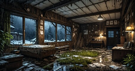 Obraz premium abandoned interior of cabin ski lodge resort in the forest wilderness mountains in the snow. deserted ransacked wooden log cottage in arctic tundra.