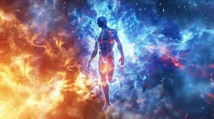 Energetic Human Form Surrounded by Technological Fusion in Azure and Amber Atmosphere