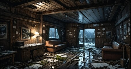 abandoned interior of cabin ski lodge resort in the forest wilderness mountains in the snow. deserted ransacked wooden log cottage in arctic tundra.