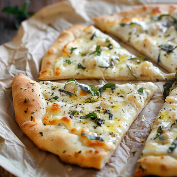 gourmet white pizza with cheese, garlic and herbs