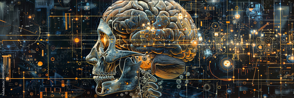 Fototapete Human Brain Merging Mechanical Cogs With Electronic Circuits at the Intersection of Intelligence and Machine Learning